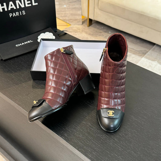 CHANEL Ankle Boots 50mm Burgundy Black Quilted Lambskin