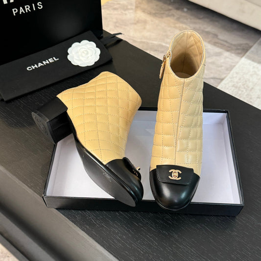 CHANEL Ankle Boots 50mm Beige Black Quilted Lambskin