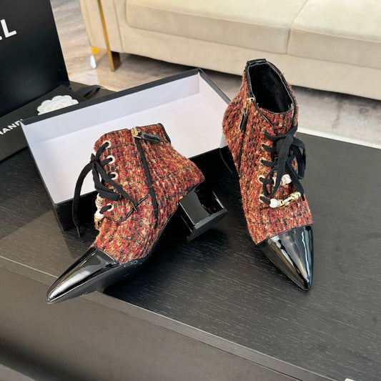 CHANEL Ankle Boots Orange Red Beaded Tweed Fabric And Lambskin