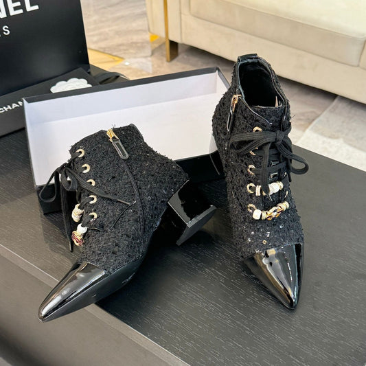 CHANEL Ankle Boots Black Beaded Tweed Fabric And Lambskin