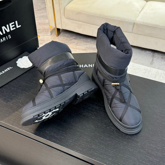 CHANEL Ankle Boots Grey Mix Black Wind Cloth Quilted