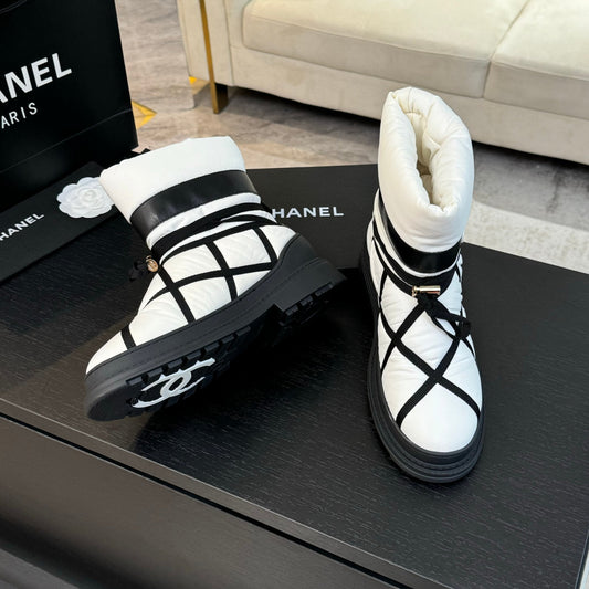 CHANEL Ankle Boots White Mix Black Wind Cloth Quilted