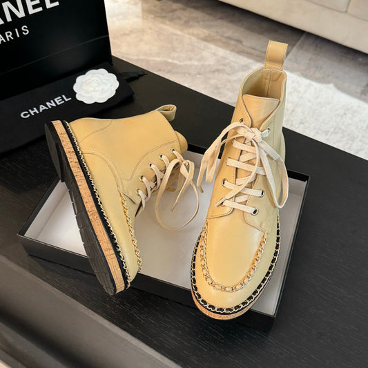 CHANEL Ankle Boots Beige With Chain Calfskin