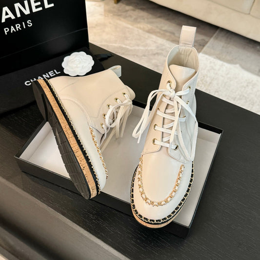CHANEL Ankle Boots White With Chain Calfskin