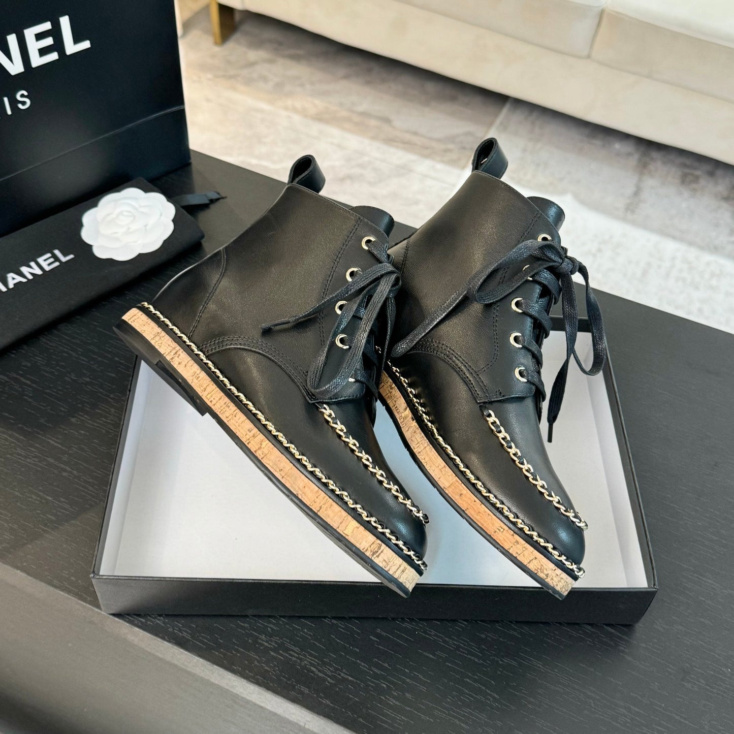 CHANEL Ankle Boots Black With Chain Calfskin