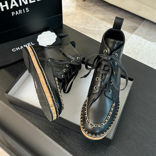CHANEL Ankle Boots Black With Chain Calfskin