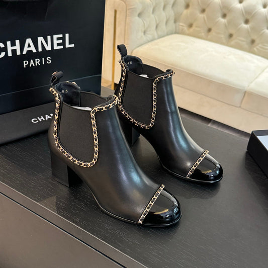 CHANEL Ankle Boots Black Chain Cowhide