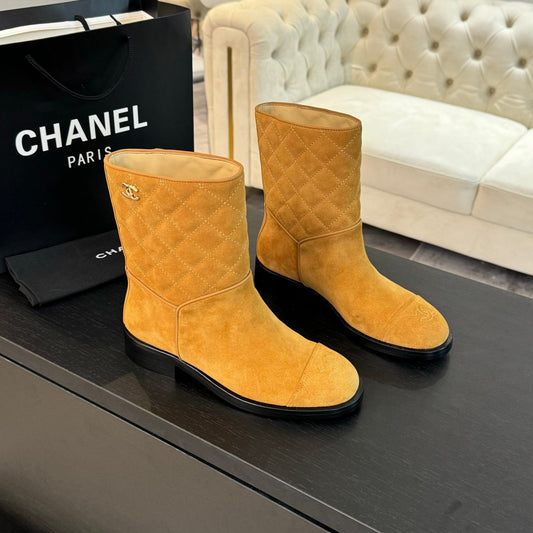 CHANEL Ankle Boots 30mm Dark Yellow Suede Quilted