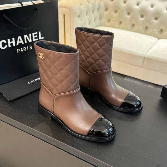 CHANEL Ankle Boots 30mm Earth Brown Calfskin Quilted