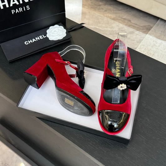CHANEL 25C Mary Jane Velvet rose Imported Cowhide 212947