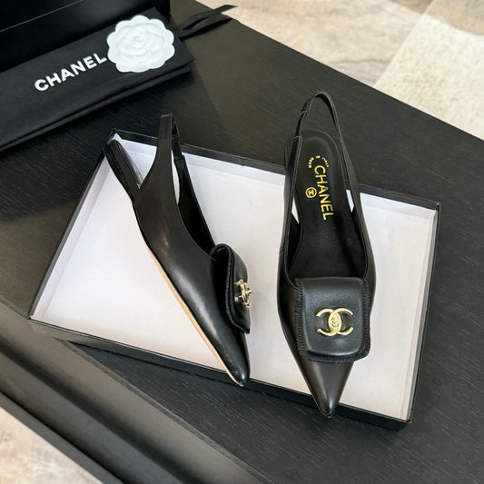 CHANEL 25C Slingback Flat Black Genuine sheepskin 212949