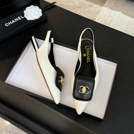CHANEL 25C Slingback Flat White Genuine sheepskin 212950