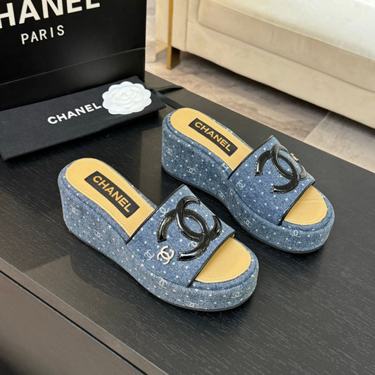 CHANEL 25C Platform Slide Sandals Navy Blue Fabric 213158