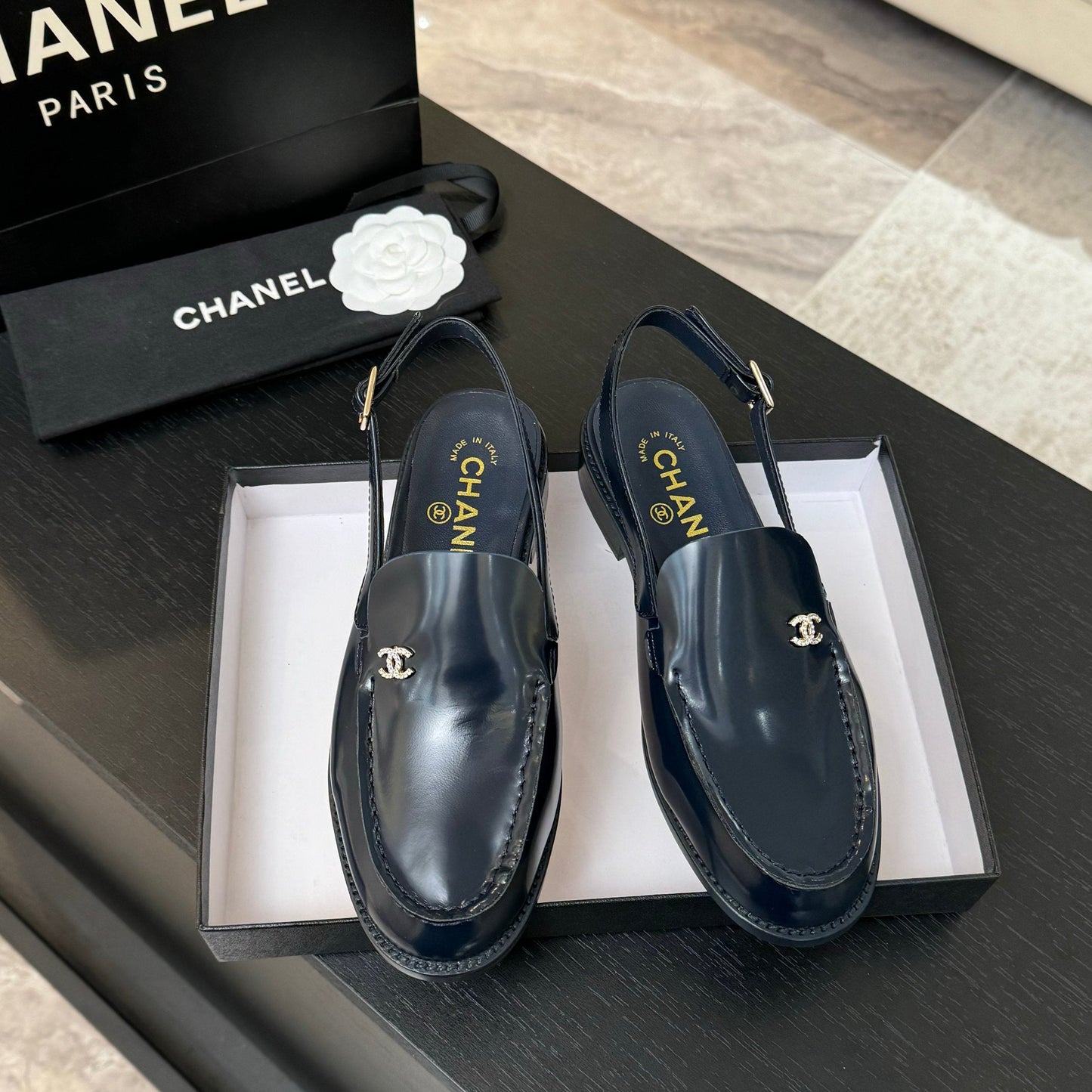CHANEL 25C Slingback Loafer Dark Blue Patent Leather