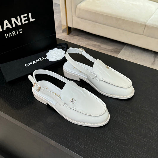 CHANEL 25C Slingback Loafer White Patent Leather