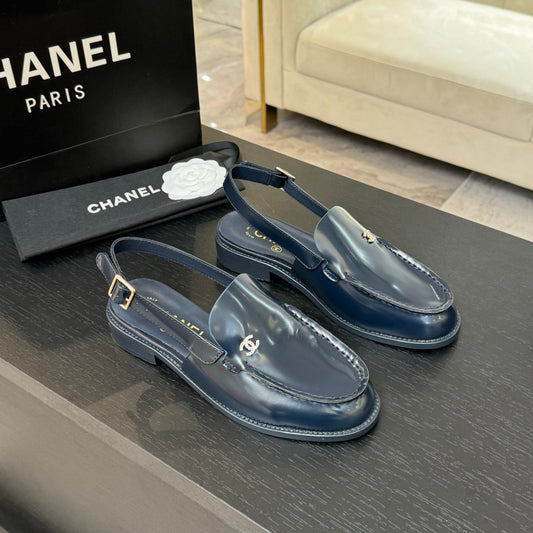 CHANEL 25C Slingback Loafer Dark Blue Patent Leather
