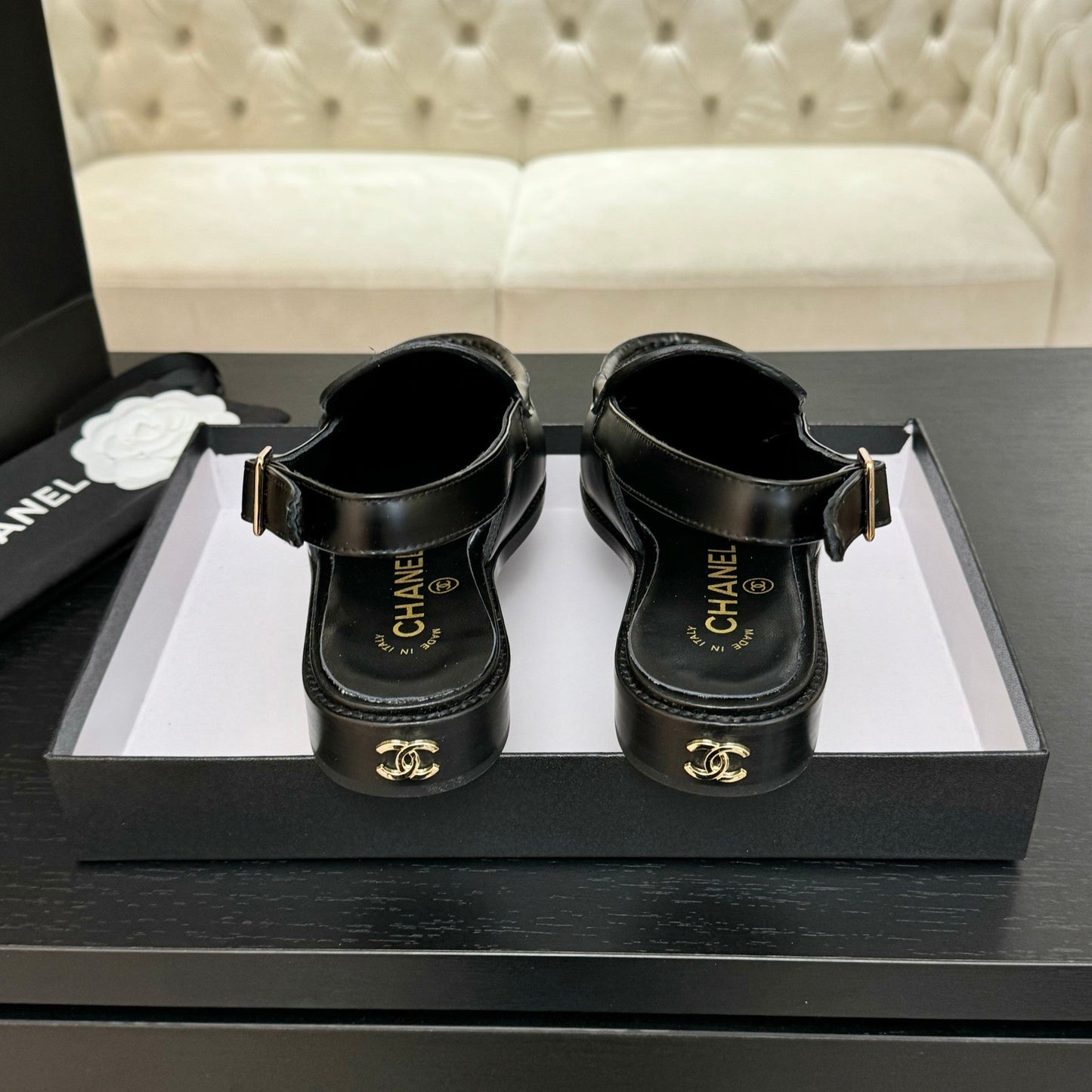 CHANEL 25C Slingback Loafer Black Patent Leather