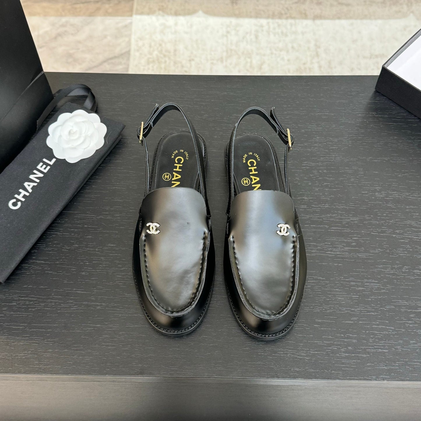 CHANEL 25C Slingback Loafer Black Patent Leather
