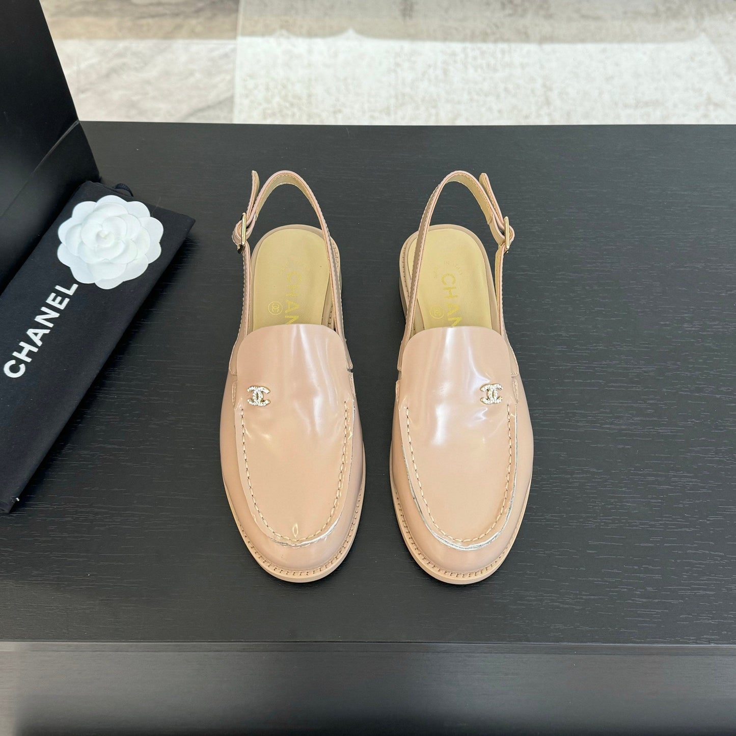 CHANEL 25C Slingback Loafer Beige Patent Leather