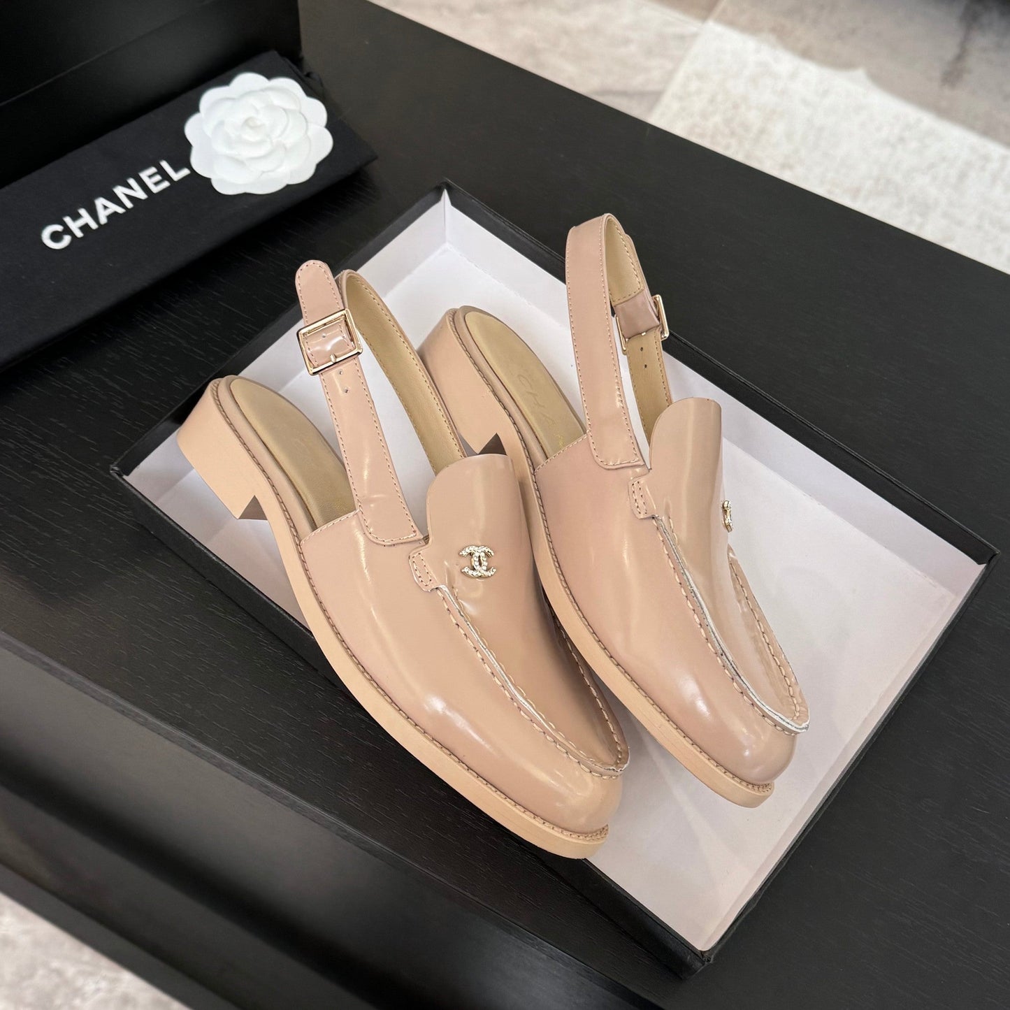CHANEL 25C Slingback Loafer Beige Patent Leather