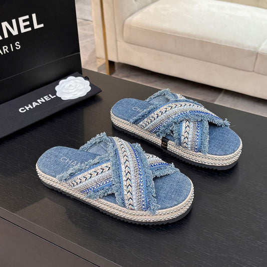 CHANEL 25C Thick-Soled Slipper In Black Denim Steel Blue Fabric 213232