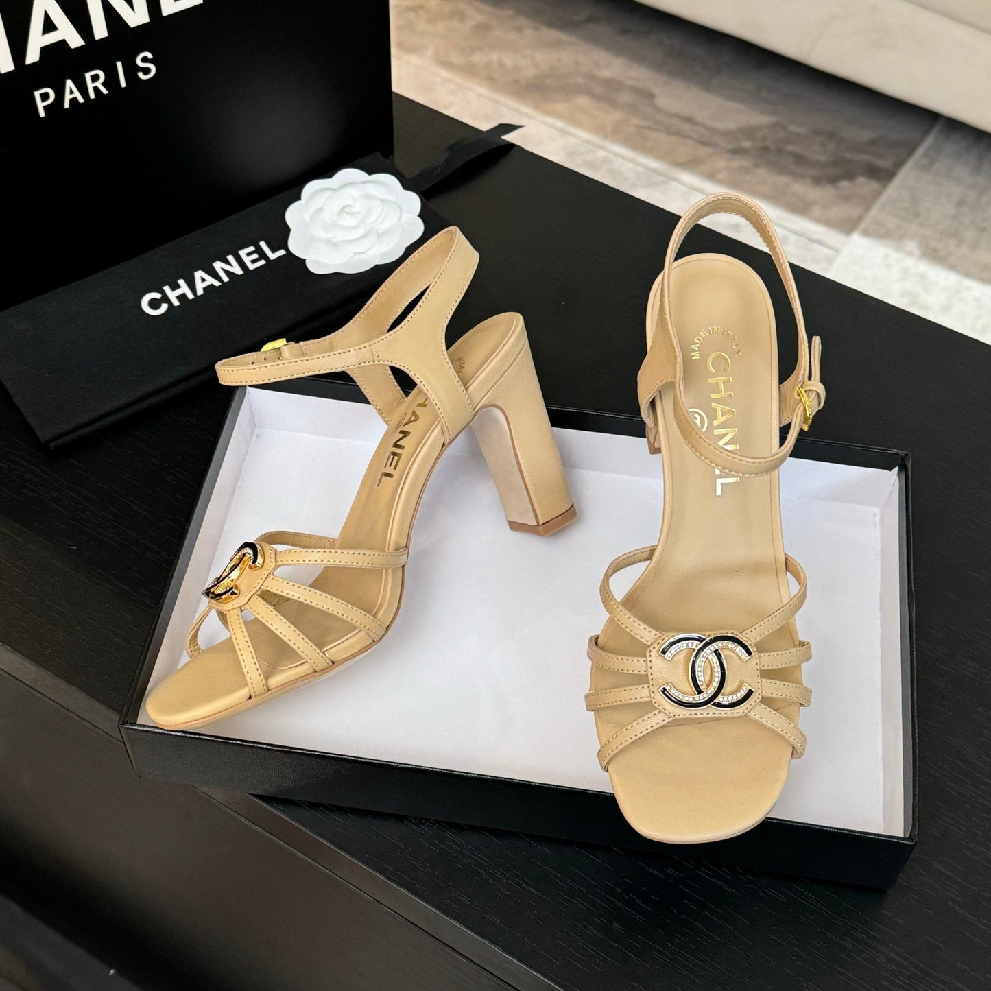 CHANEL 85mm Sandal DarkCream Sheepskin  212931