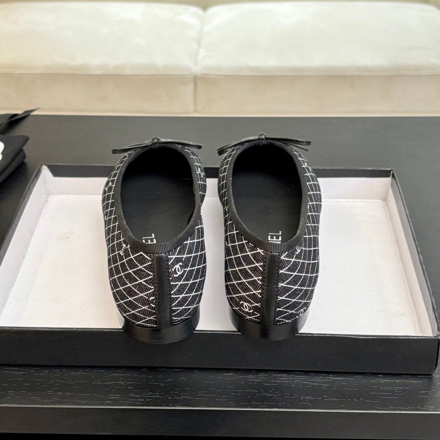 CHANEL 25 Ballet Flat Black Grey Quilted Denim