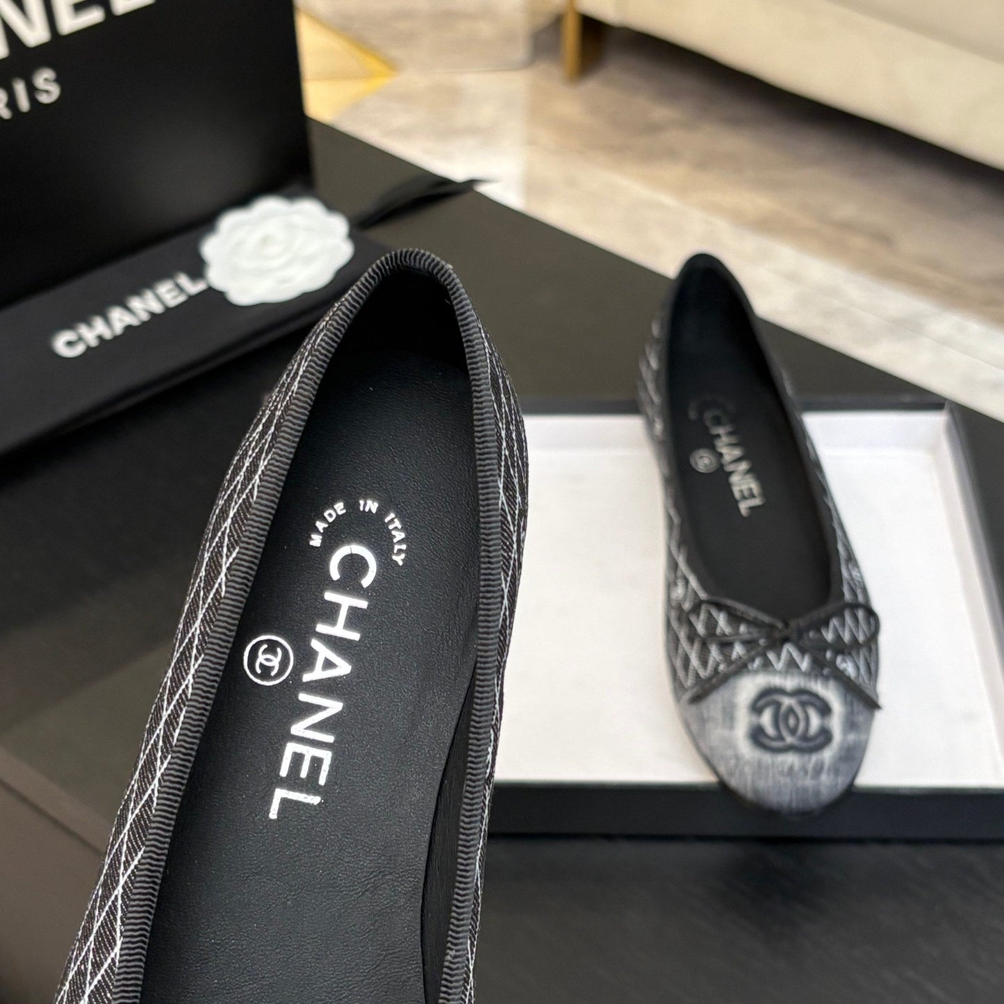 CHANEL 25 Ballet Flat Black Grey Quilted Denim