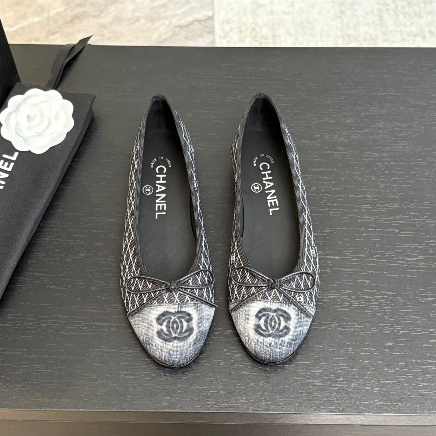 CHANEL 25 Ballet Flat Black Grey Quilted Denim