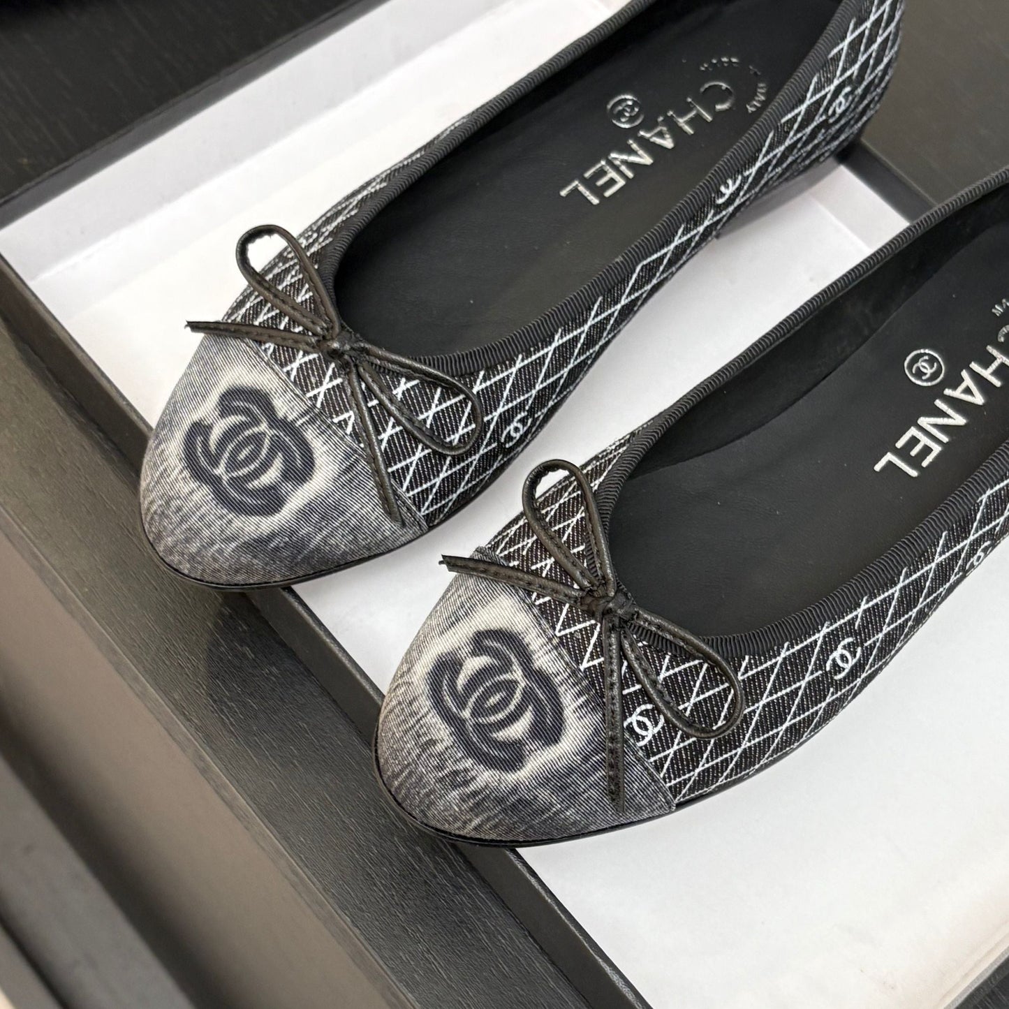 CHANEL 25 Ballet Flat Black Grey Quilted Denim