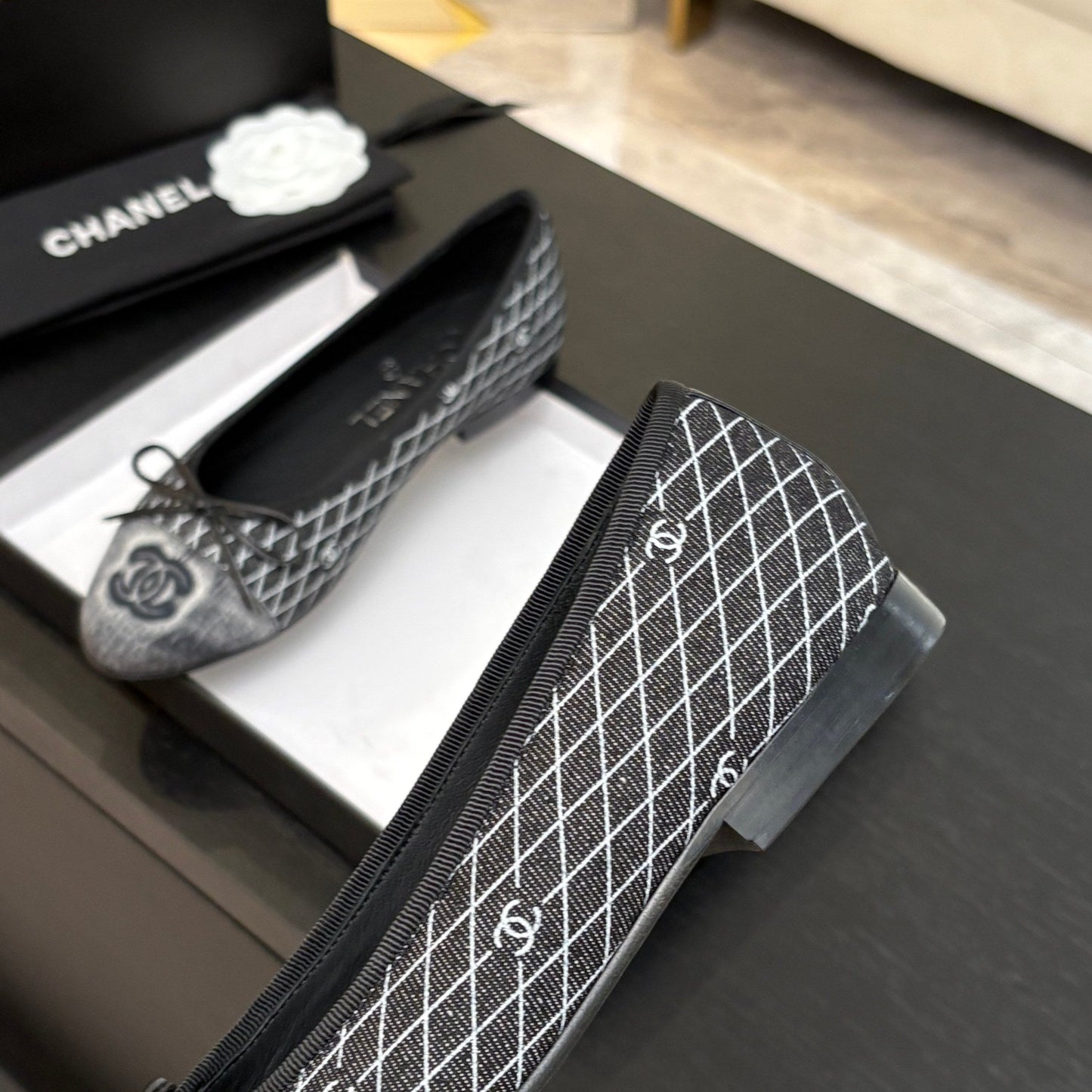 CHANEL 25 Ballet Flat Black Grey Quilted Denim