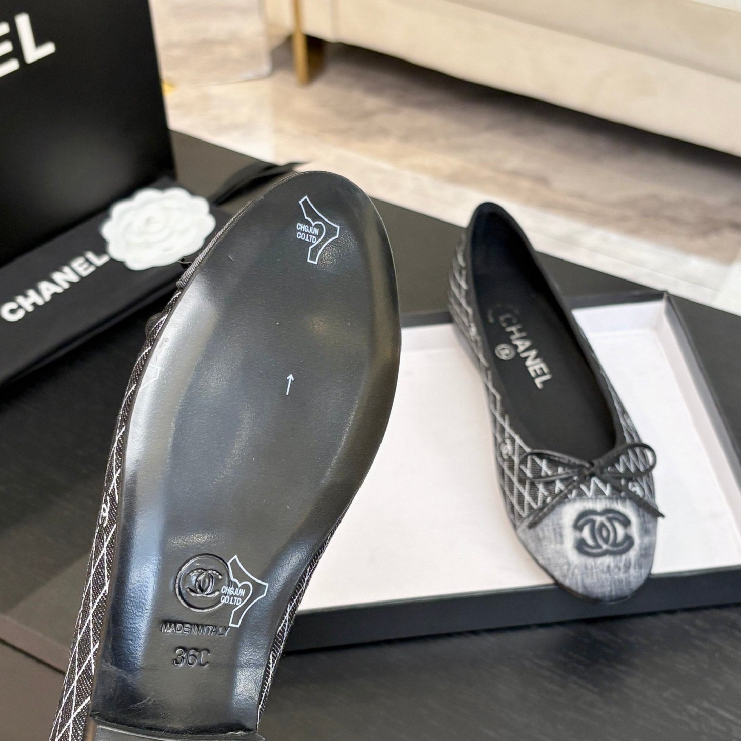 CHANEL 25 Ballet Flat Black Grey Quilted Denim