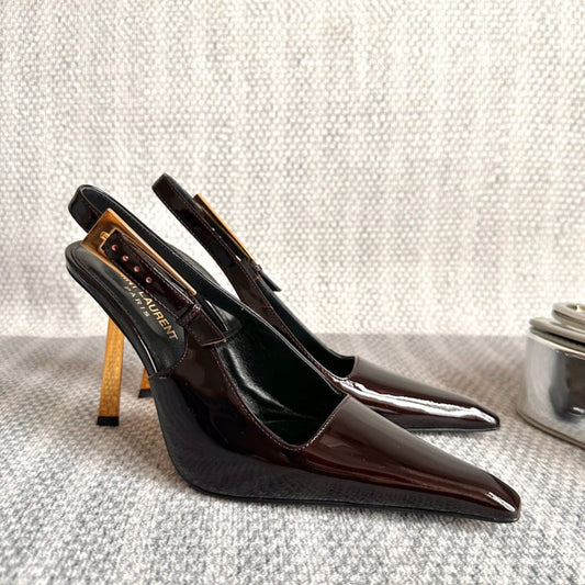 Saint Laurent LEE SLINGBACK PUMPS 105 IN MAROON PATENT LEATHER GOLD HEEL