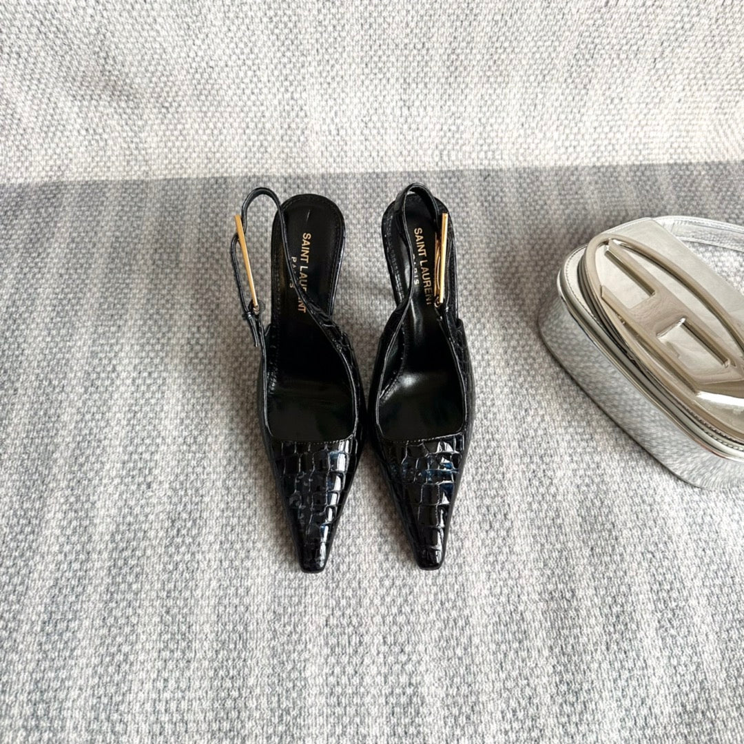 Saint Laurent LEE SLINGBACK PUMPS 105 IN BLACK CROCODILE-EMBOSSED LEATHER