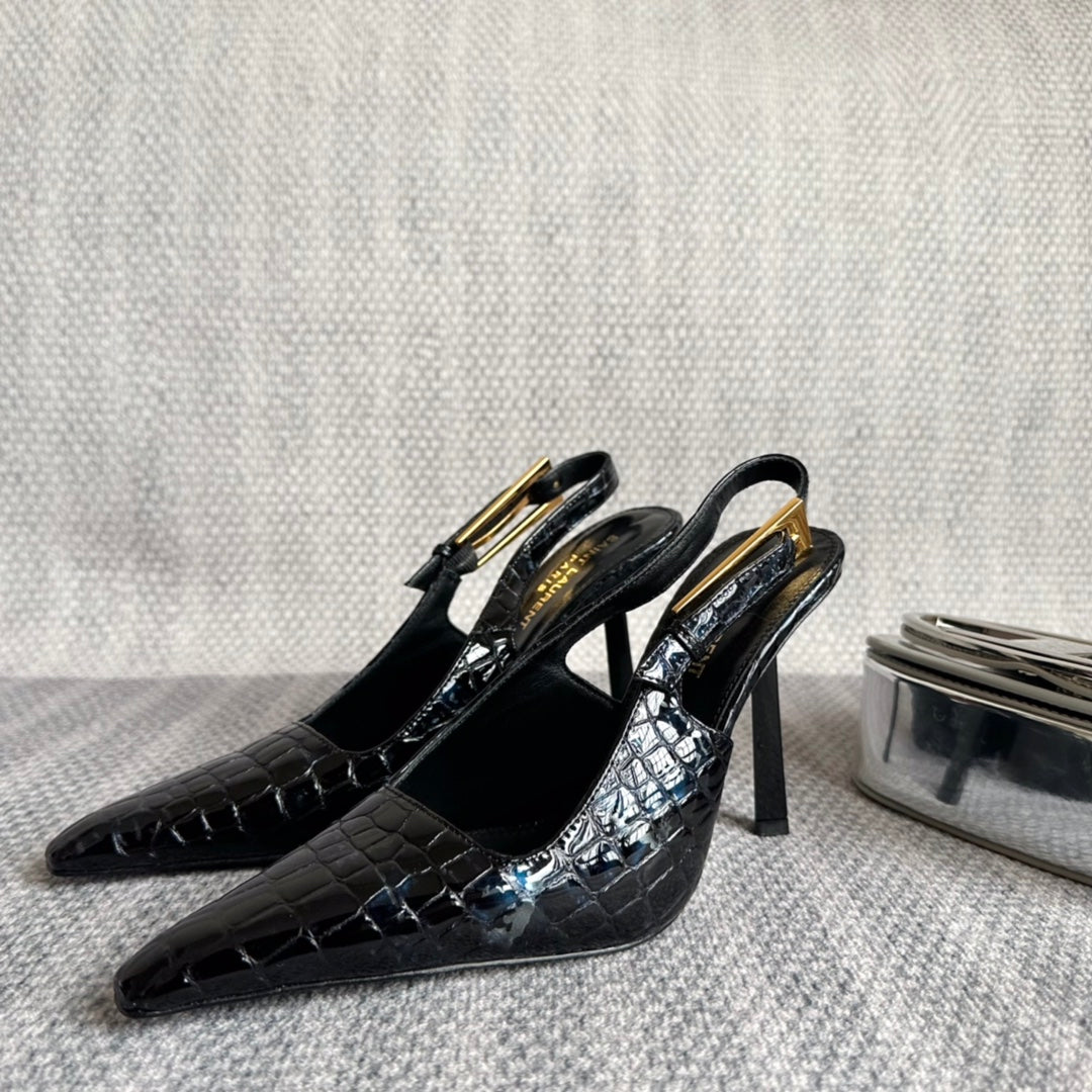 Saint Laurent LEE SLINGBACK PUMPS 105 IN BLACK CROCODILE-EMBOSSED LEATHER