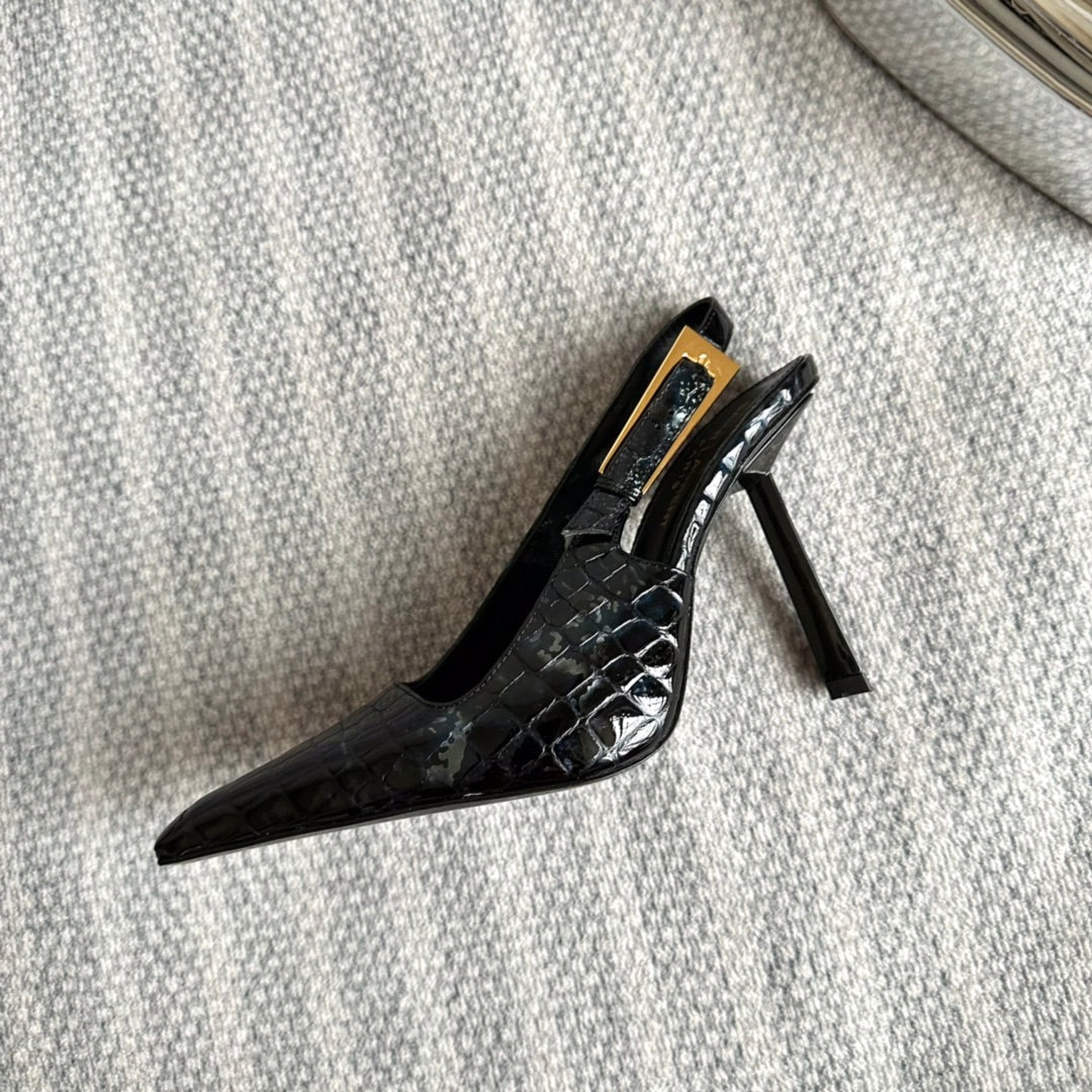 Saint Laurent LEE SLINGBACK PUMPS 105 IN BLACK CROCODILE-EMBOSSED LEATHER