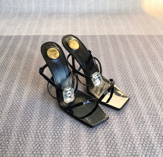 Saint Laurent HIGH MULES WITH GEM IN BLACK GLOSSY CALFSKIN