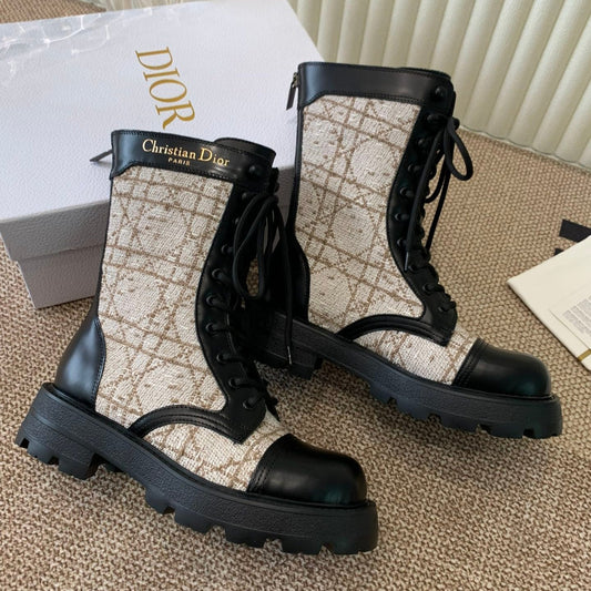 DIOR D-Unit Ankle Boot In Beige Mix Black Tweed Fabric And Cowhide 113478