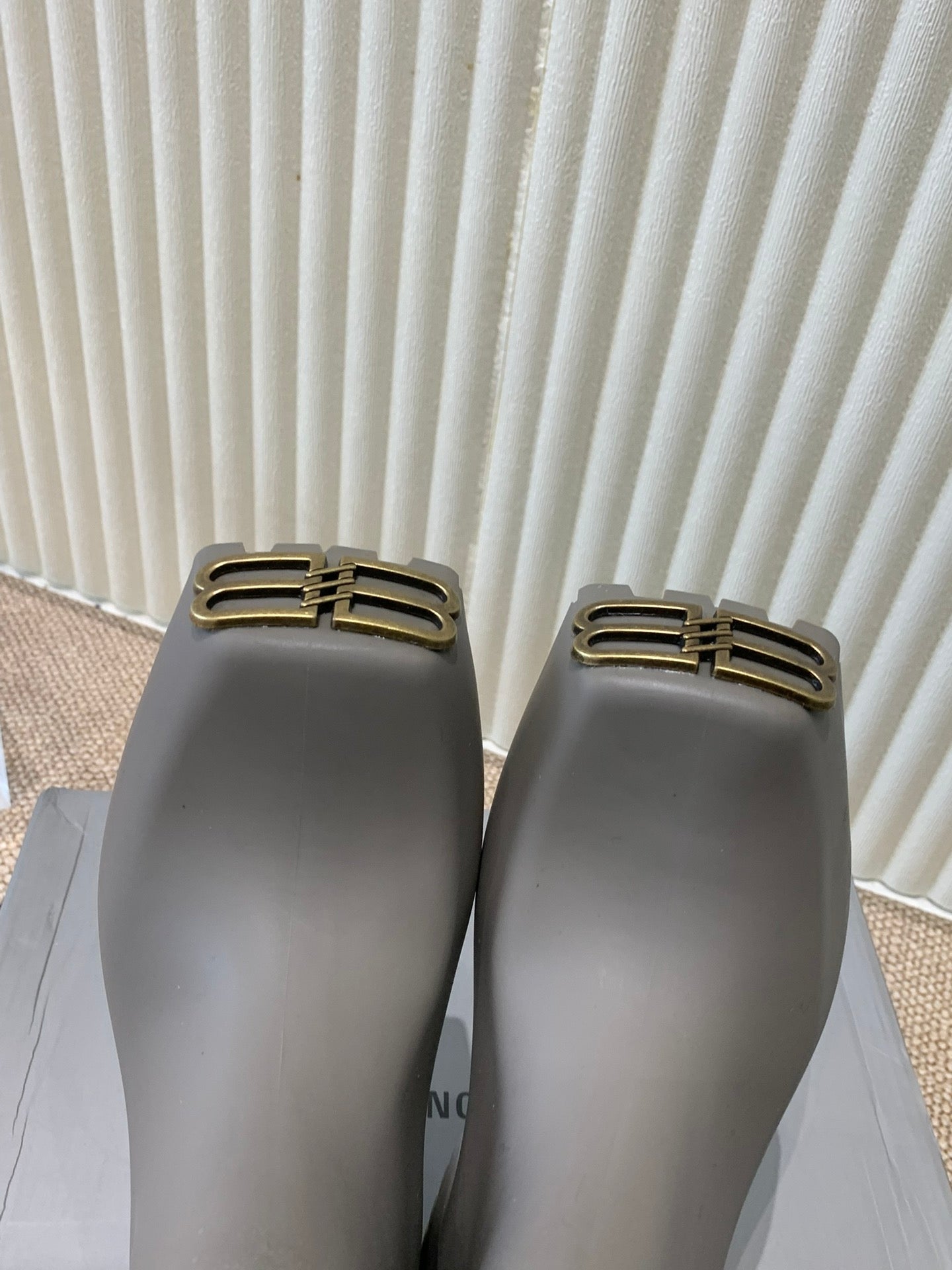 Balanciaga MATTE GRAY SCULPTED RUBBER BOOTS WITH GOLD MONOGRAM