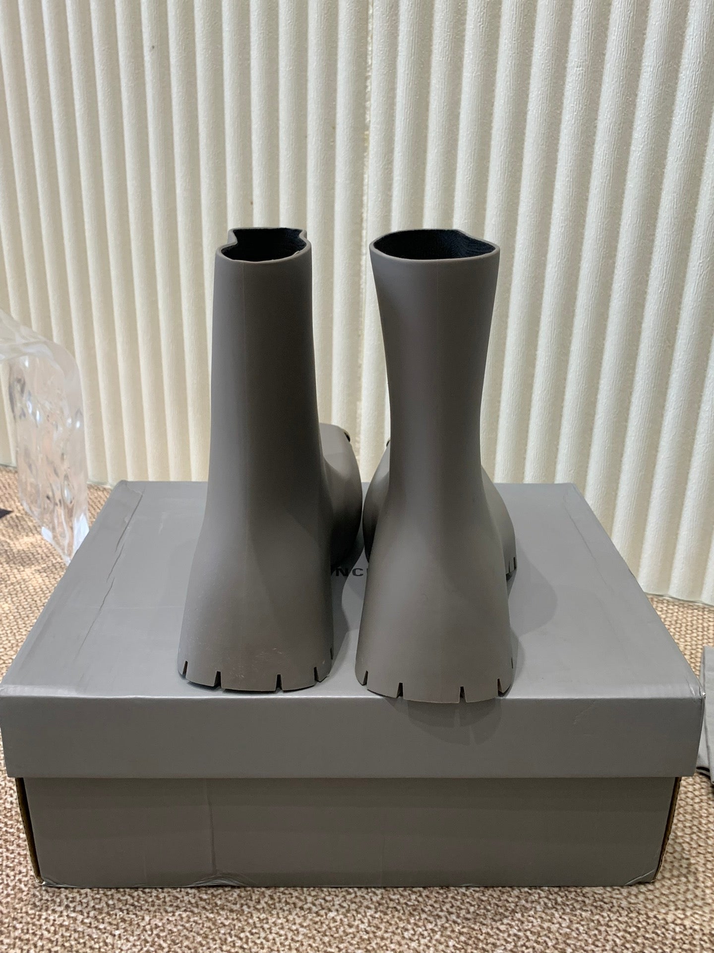 Balanciaga MATTE GRAY SCULPTED RUBBER BOOTS WITH GOLD MONOGRAM