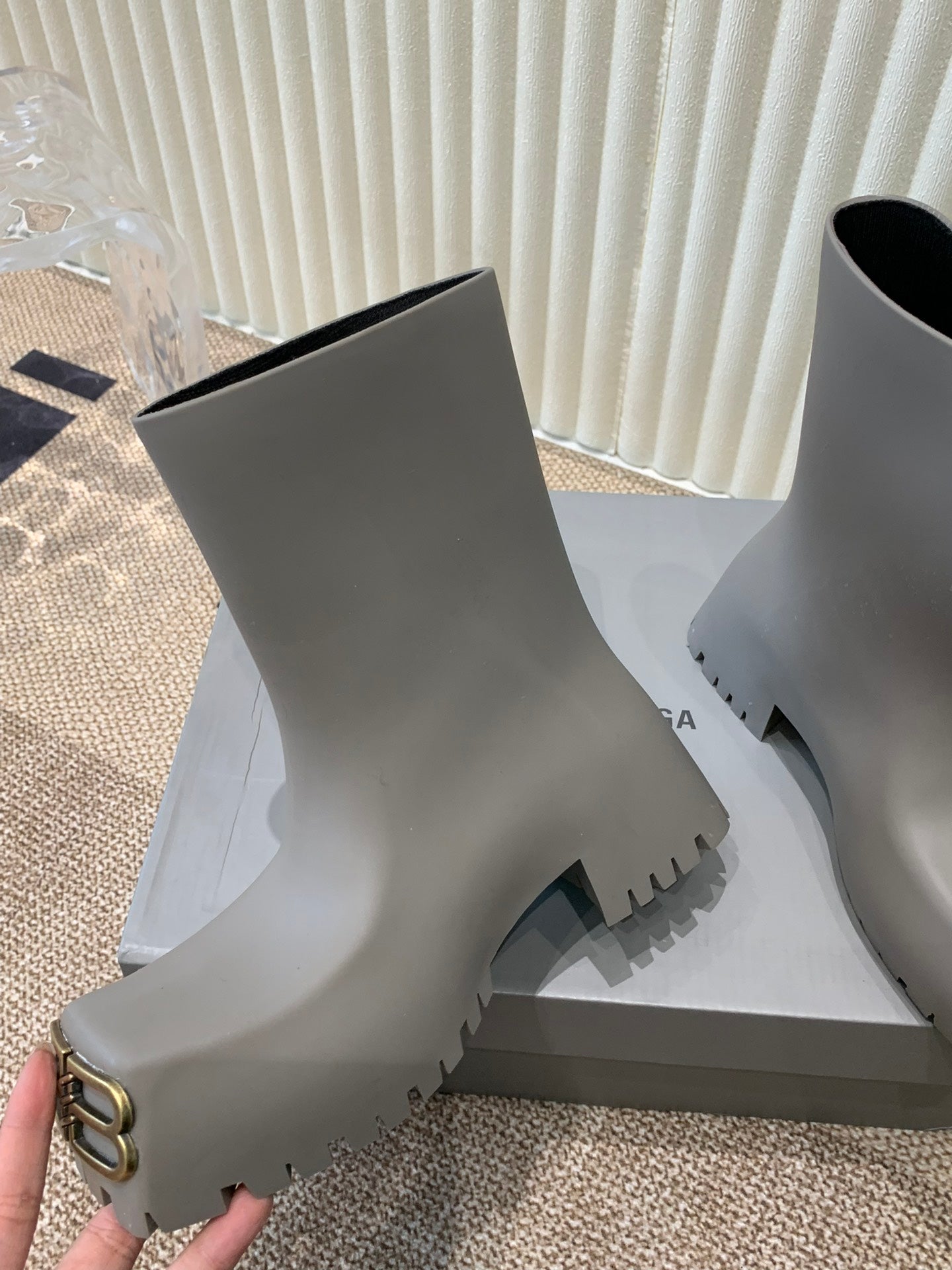 Balanciaga MATTE GRAY SCULPTED RUBBER BOOTS WITH GOLD MONOGRAM