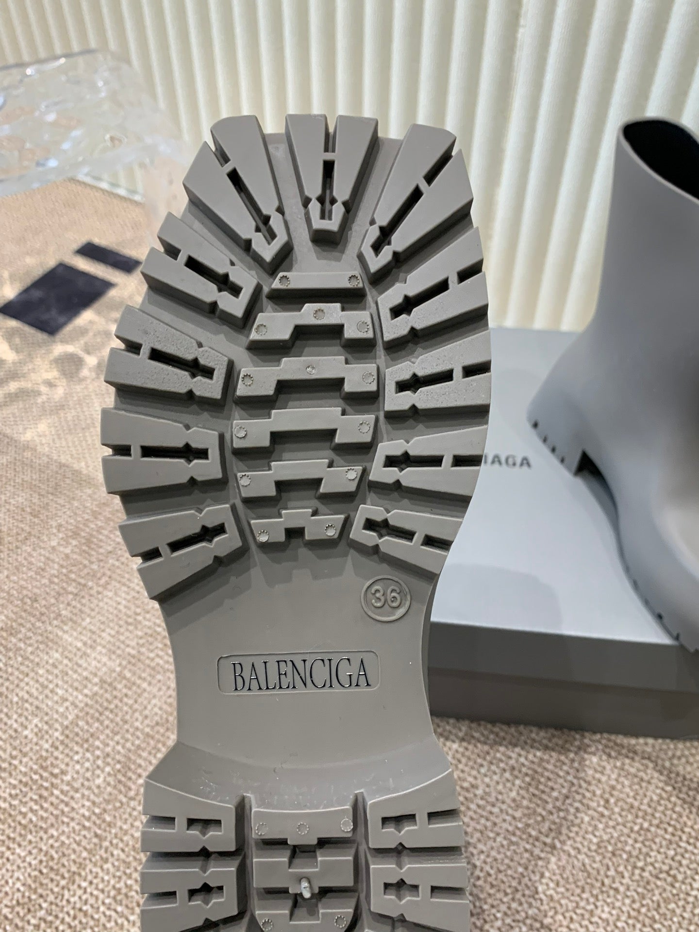 Balanciaga MATTE GRAY SCULPTED RUBBER BOOTS WITH GOLD MONOGRAM