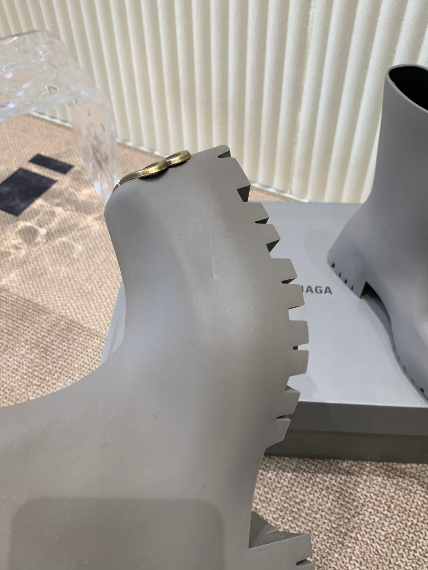 Balanciaga MATTE GRAY SCULPTED RUBBER BOOTS WITH GOLD MONOGRAM
