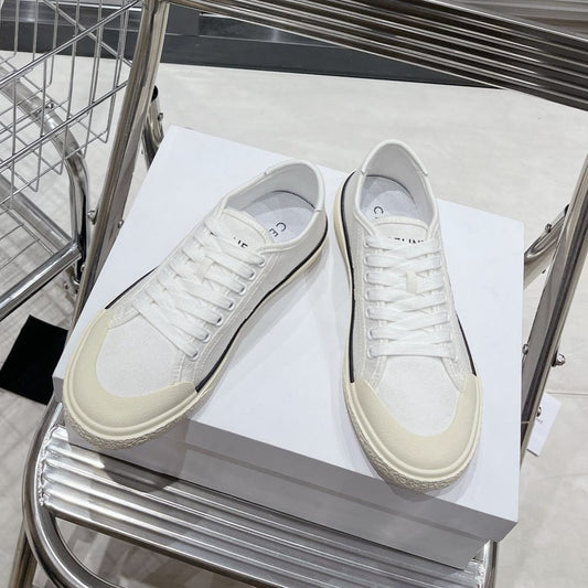 Celine JANE SNEAKERS LOW LACE-UP WITH TRIOMPHE PATCH IN CANVAS AND CALFSKIN WHITE