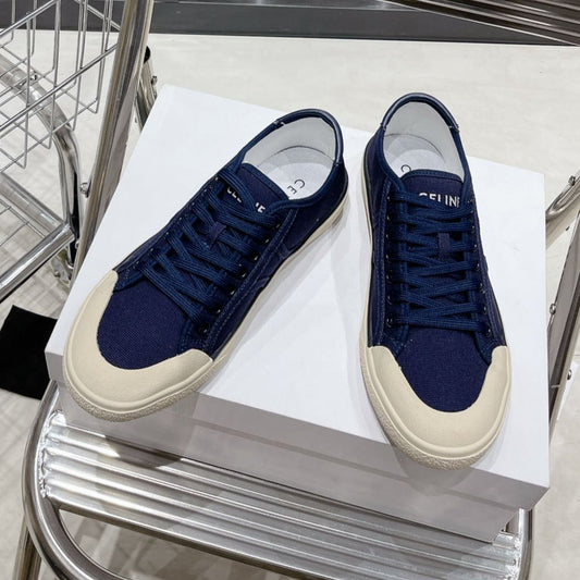 Celine JANE SNEAKERS LOW LACE-UP WITH TRIOMPHE PATCH IN CANVAS AND CALFSKIN NAVY