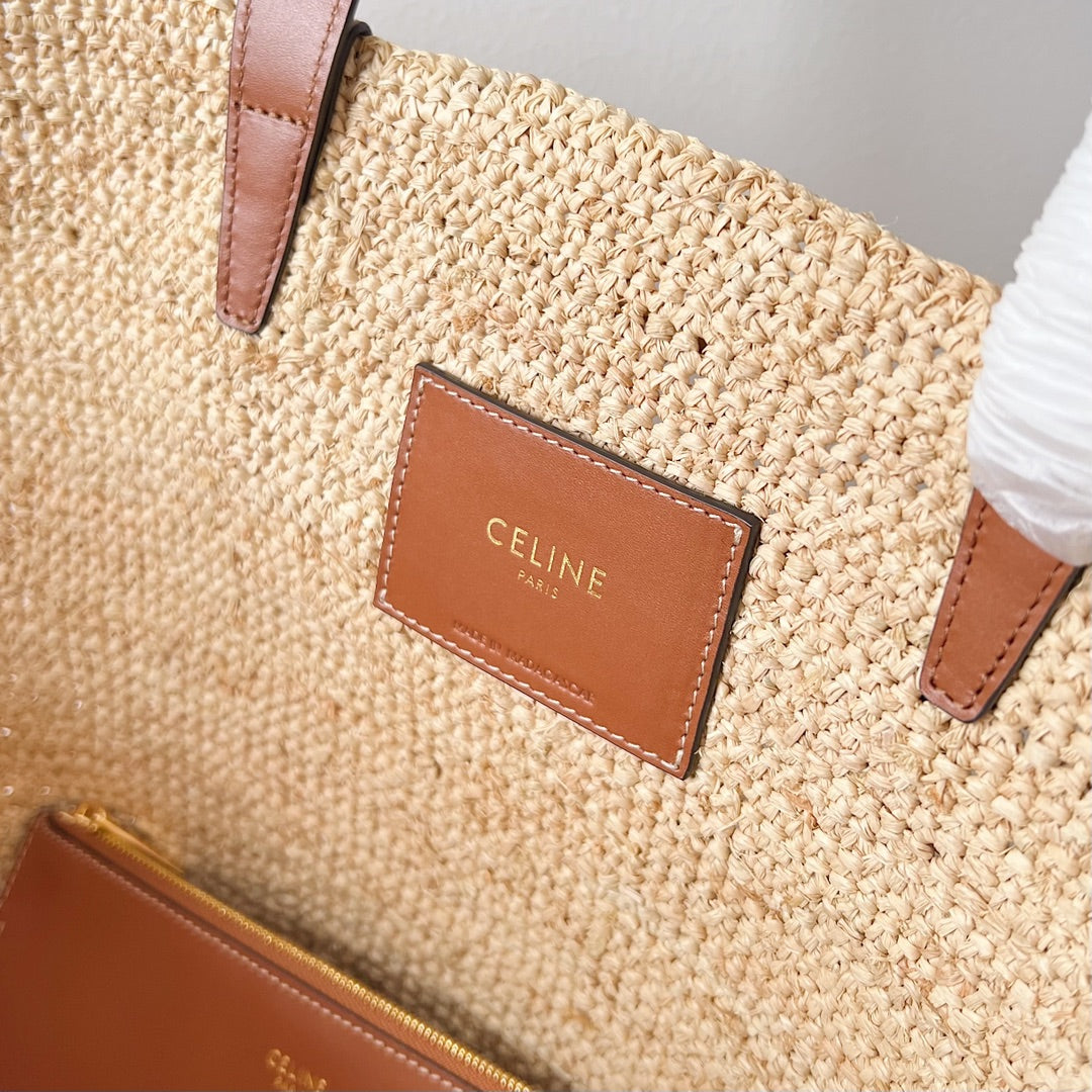 Celine MEDIUM SUPPLE 30 CLASSIC PANIER BEIGE RAFFIA TAN CALFSKIN
