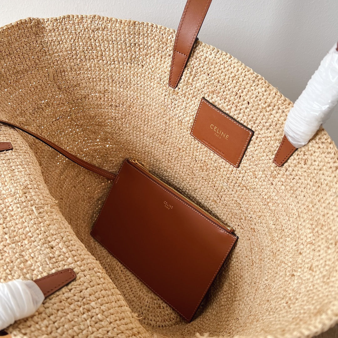 Celine MEDIUM SUPPLE 30 CLASSIC PANIER BEIGE RAFFIA TAN CALFSKIN