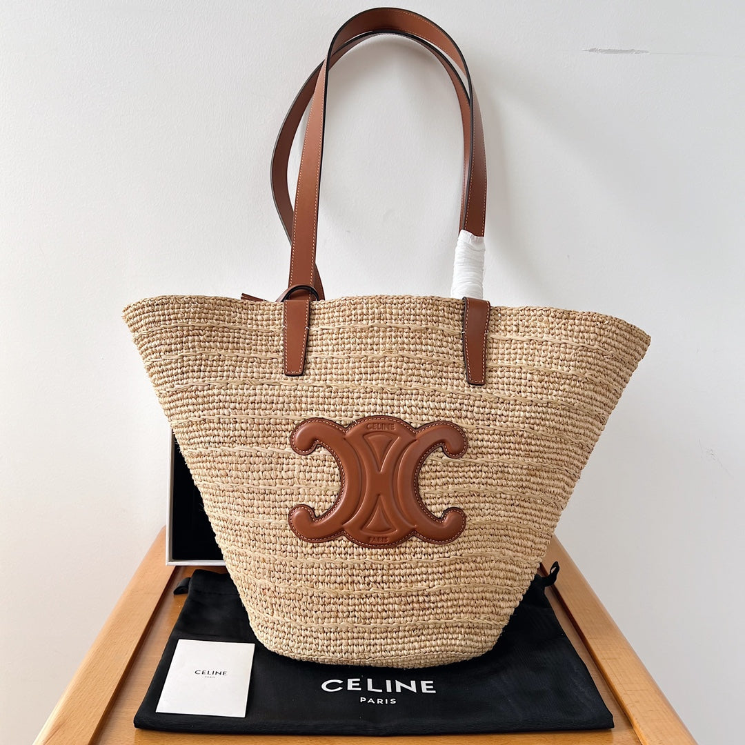 Celine MEDIUM SUPPLE 30 CLASSIC PANIER BEIGE RAFFIA TAN CALFSKIN