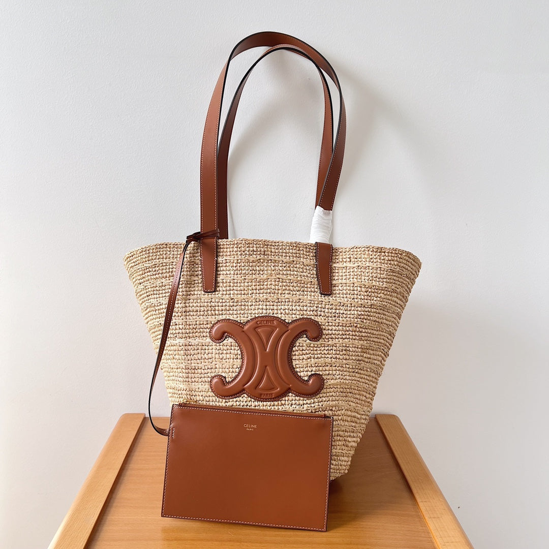 Celine MEDIUM SUPPLE 30 CLASSIC PANIER BEIGE RAFFIA TAN CALFSKIN