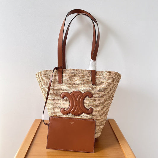 Celine MEDIUM SUPPLE 30 CLASSIC PANIER BEIGE RAFFIA TAN CALFSKIN